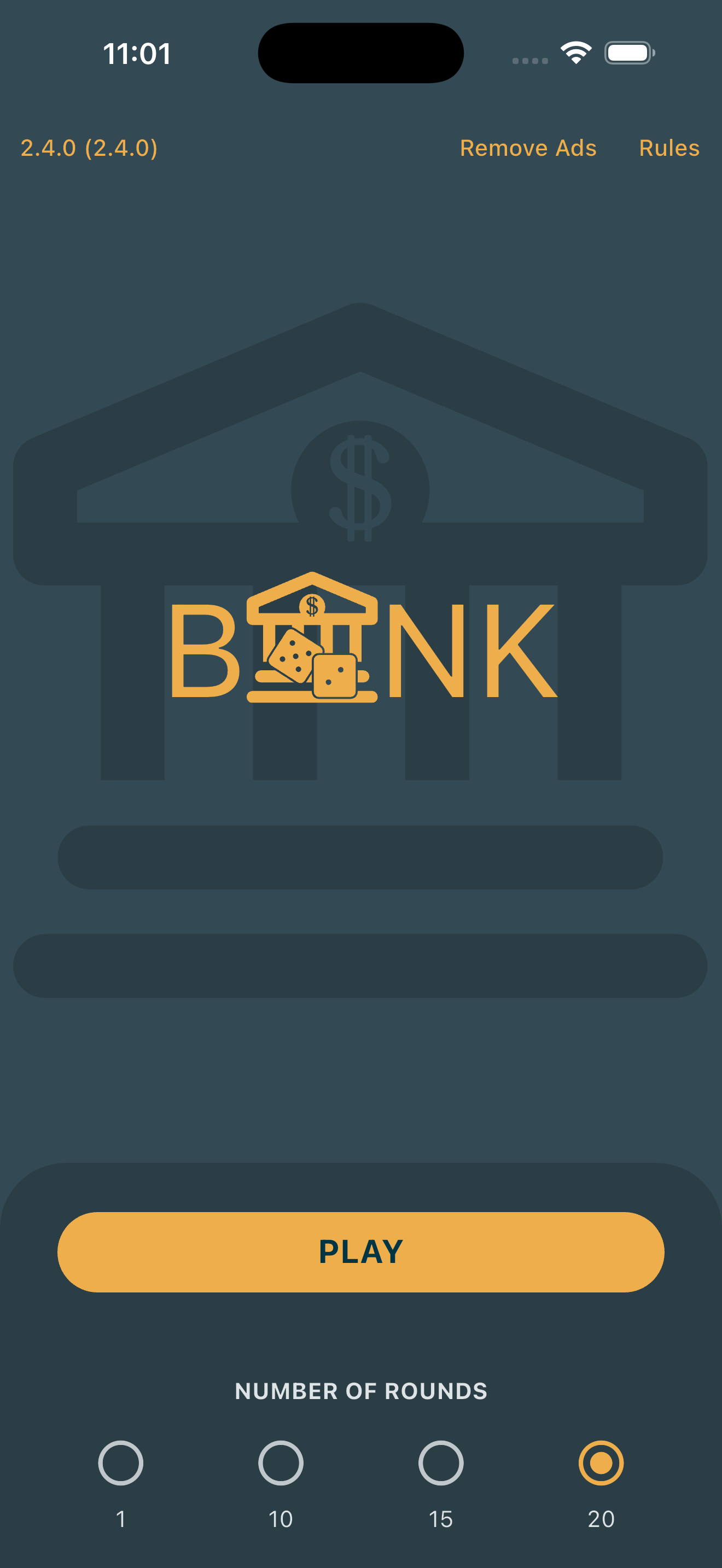 BANK! app home screen
